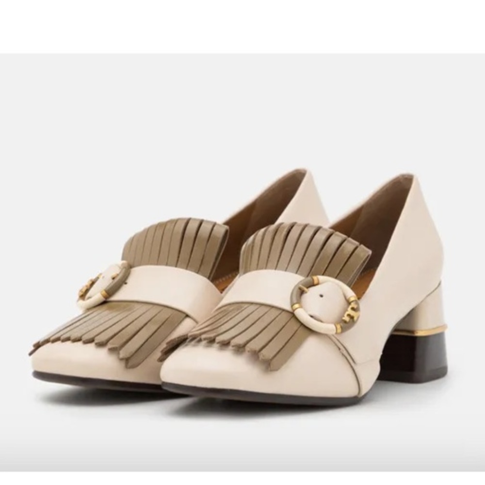Tory Burch Multi-Logo Kiltie Heeled Loafer Logo Cream Brown Buckle Size 6.5